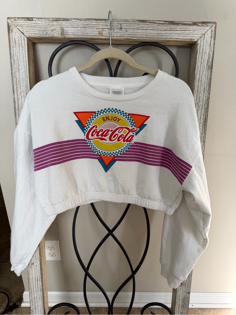 Coca Cola Cropped Sweatshirt Retro 80s Graphic Crewneck White Large Y2K